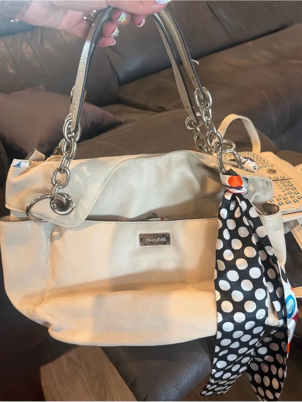 Grace Adele Cream Leather Studded Satchel Set with Silver Hardware